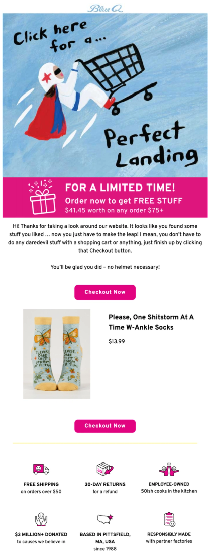 Blue Q abandoned cart email with product details and USP bars