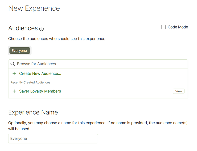 Optimizely experience setup choosing the audience that sees it