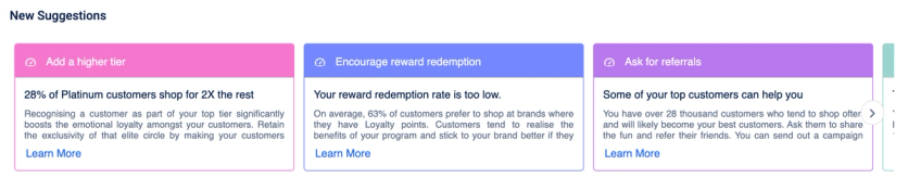 Capillary Loyalty+ suggestions to add a higher tier, encourage redemption, and ask for referrals