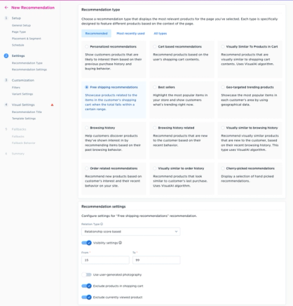 Nosto recommendation type configuration with personalized, cart-based, and best-seller options