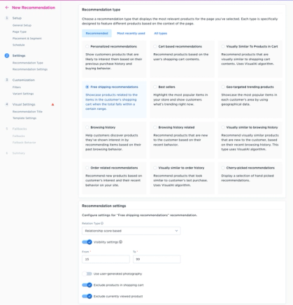 Nosto recommendation type configuration with personalized, cart-based, and best-seller options