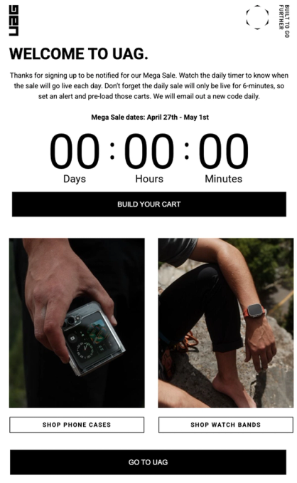 UAG onboarding email explaining the Mega Sale daily windows and timing