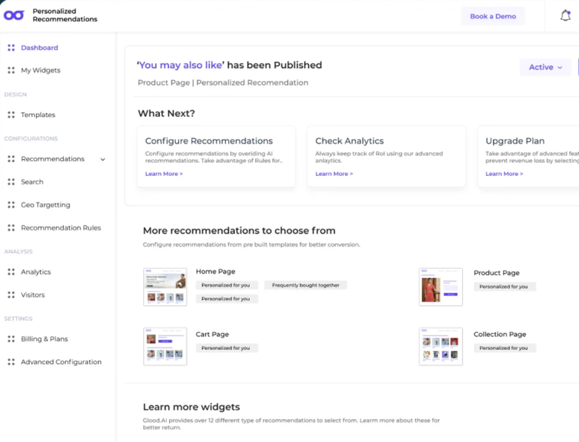 Glood.AI dashboard with a published You may also like widget and templates for home, product, cart, and collection pages