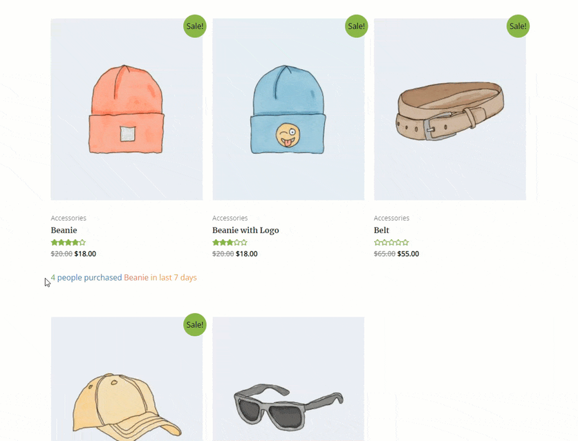 WooCommerce product listing with a NotificationX growth alert reading 4 people purchased Beanie in last 7 days