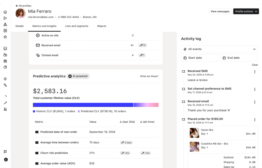 Klaviyo customer profile with predicted lifetime value, next order date, and churn risk