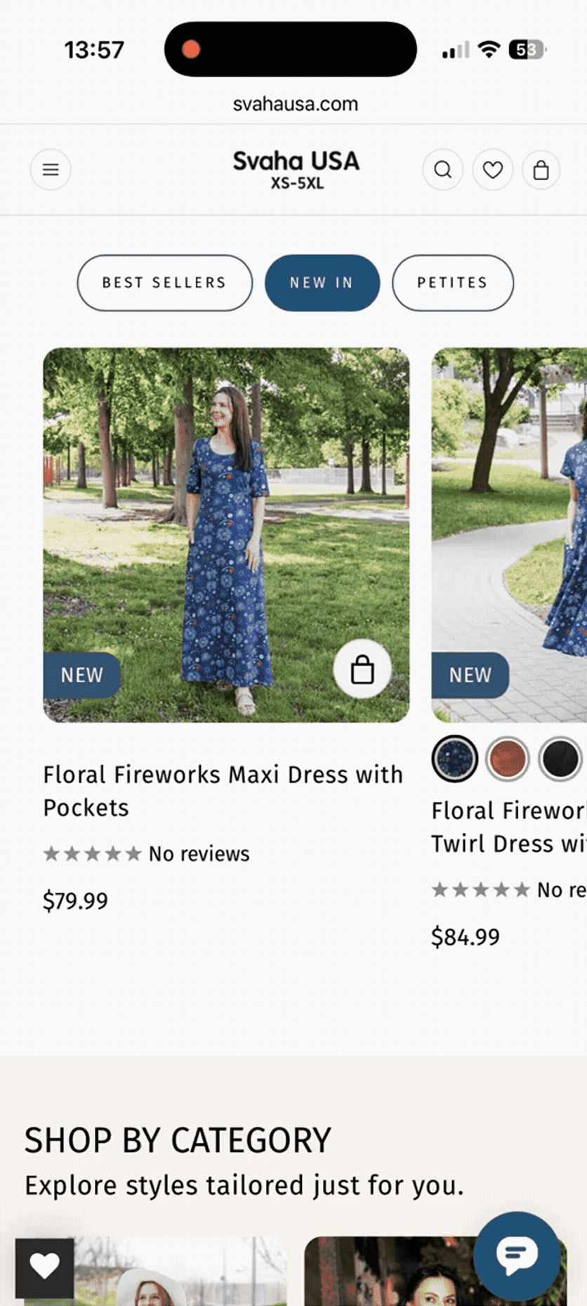 Hovering a product card slides in available sizes; one tap adds the dress to cart