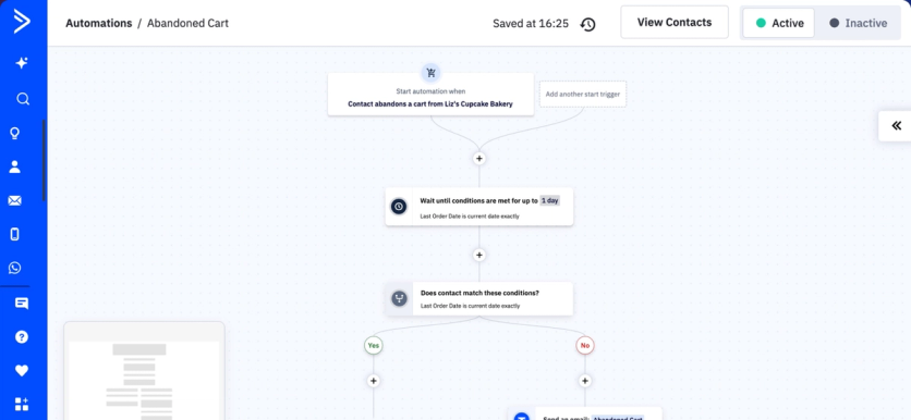 ActiveCampaign automation canvas for an abandoned cart with a wait step and a yes/no split