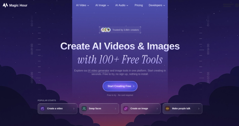 Magic Hour’s homepage with its AI video and image tools and quick starts like Make people talk