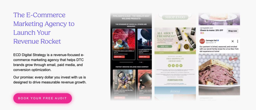ECD Digital Strategy homepage section with its positioning statement and sample emails and ads for client brands
