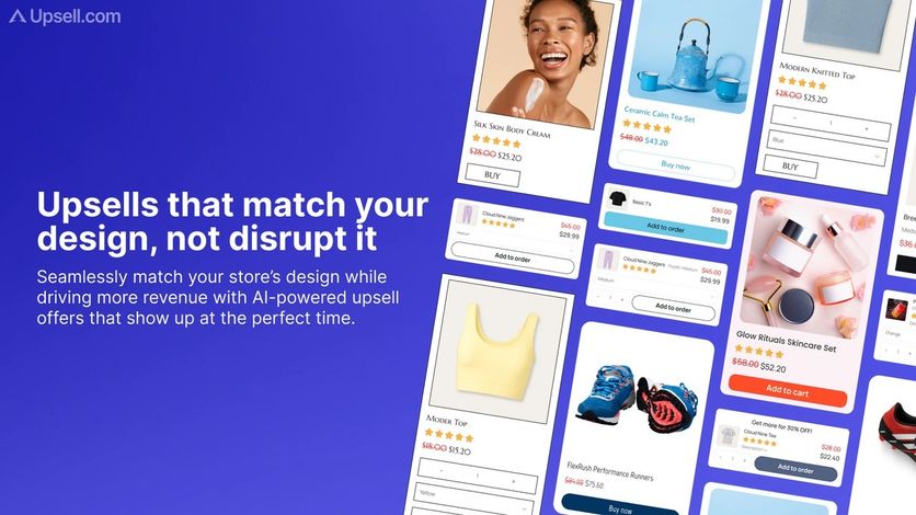 ReConvert banner from Upsell.com with post-purchase offers styled like store product cards