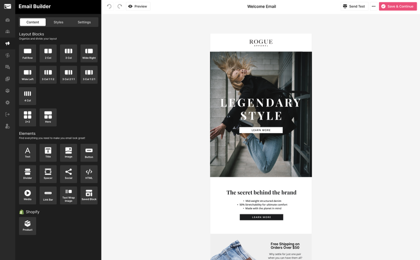 Sendlane’s email builder with layout blocks and a Shopify product element