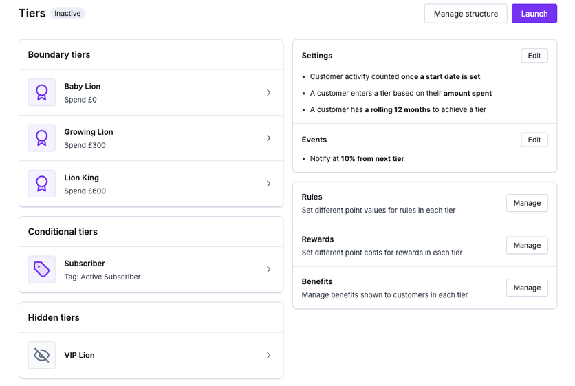 LoyaltyLion tiers page with spend-based, conditional, and hidden tiers