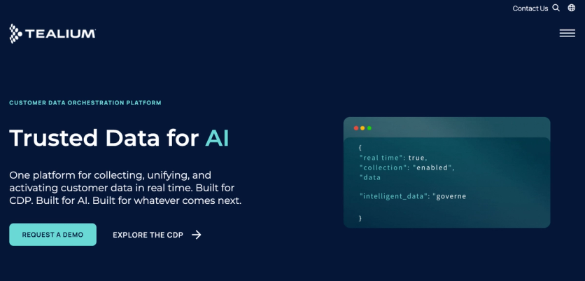 Tealium homepage — Trusted Data for AI, a customer data orchestration platform
