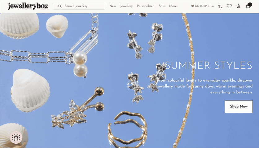 Animation of the Jewellerybox homepage: the corner tab expands to “Use my £5” on hover and opens a popup on click – £5 off is already yours, you’ve collected 100 points