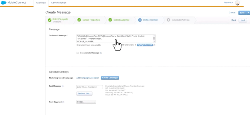 MobileConnect Create Message screen in Salesforce Marketing Cloud with AMPscript code that claims a promo code row for the outbound SMS