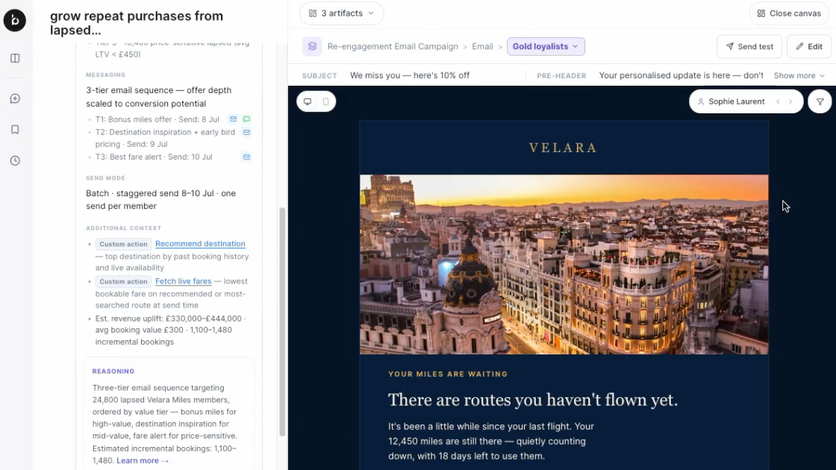 Bloomreach Marketing Agent campaign brief beside a generated re-engagement email
