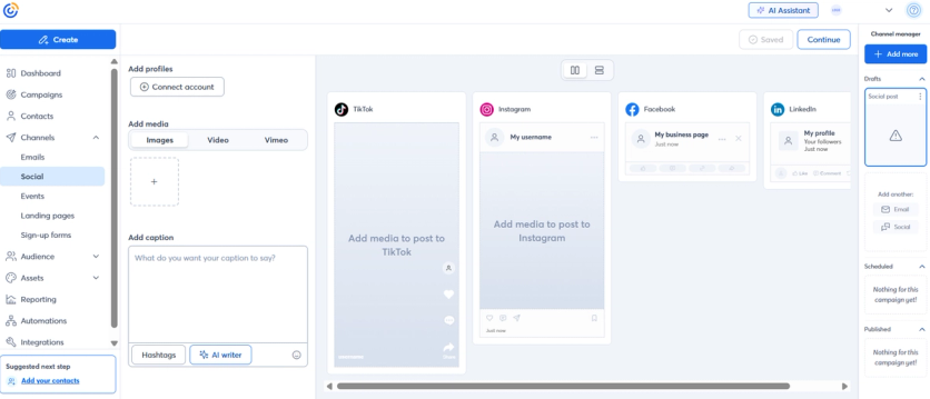 Constant Contact's social media management interface
