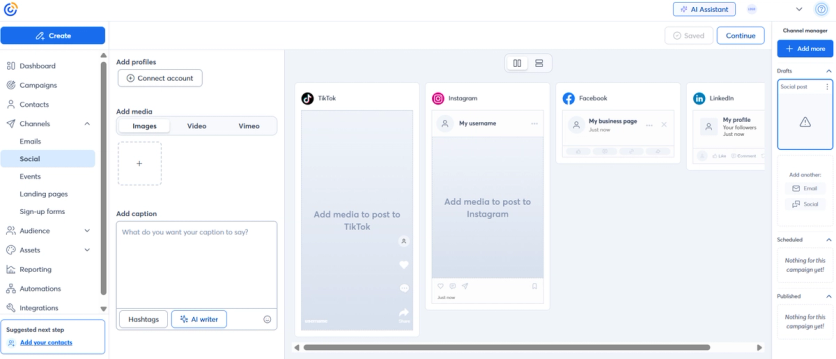 Constant Contact's social media management interface