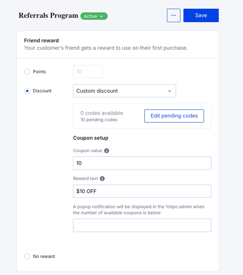 Yotpo Referrals Program setup showing Friend reward with points or discount, coupon value, and reward text