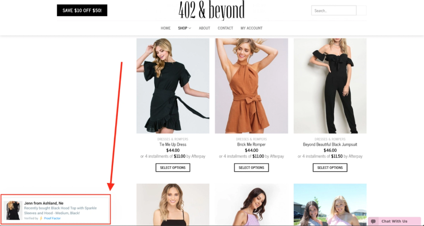 Clothing store with a Proof Factor recent-sales popup in the bottom-left corner, marked with a red arrow