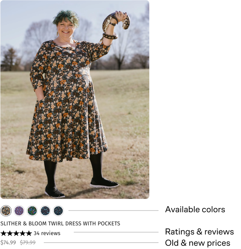 Product card callouts: available colors, ratings and reviews, old and new prices