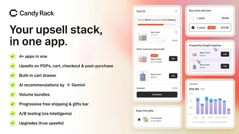 Candy Rack slide cart with a free-shipping bar and add-on offers, next to separate volume bundle and free-gift panels