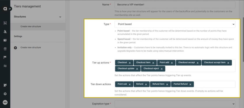 Antavo tiers management with point-based tier rules and tier-up and tier-down actions