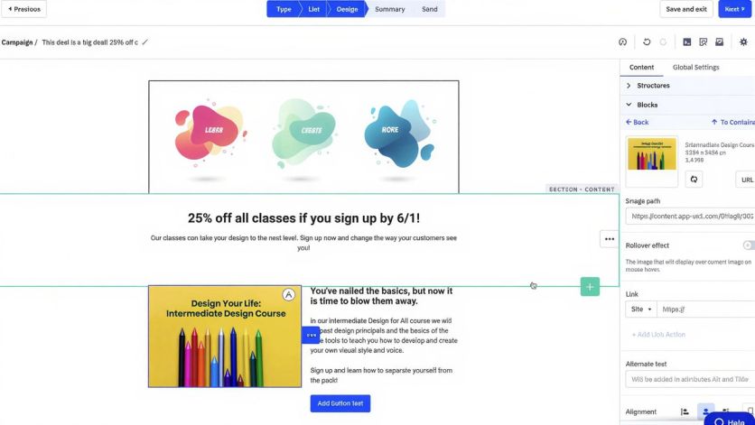 ActiveCampaign email composer interface