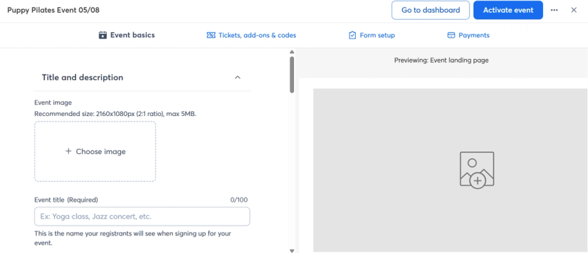Constant Contact's event setup screen