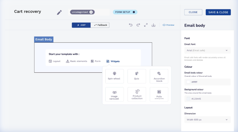 Netcore’s AMP email builder with interactive widgets for a cart-recovery campaign