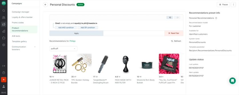 Maestra personal recommendations preset previewing the products picked for one customer