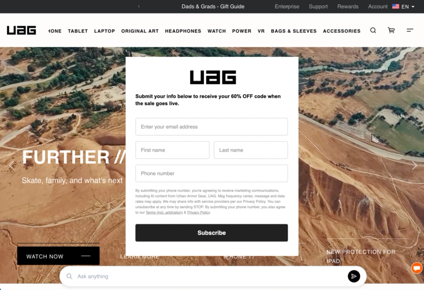 UAG Mega Sale pre-sale sign-up landing page