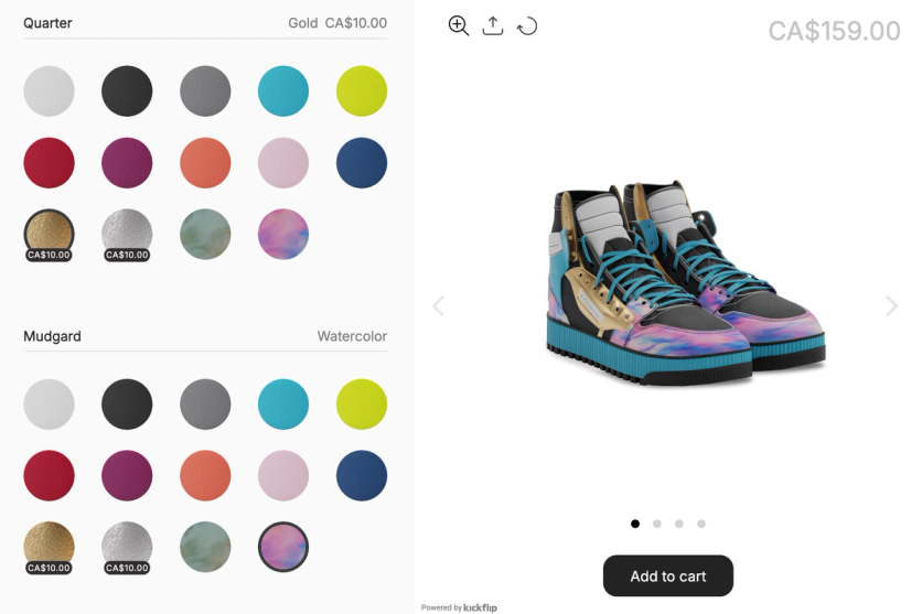 Kickflip product configurator: material and colour swatches per part on the left, the configured sneaker and its live price on the right