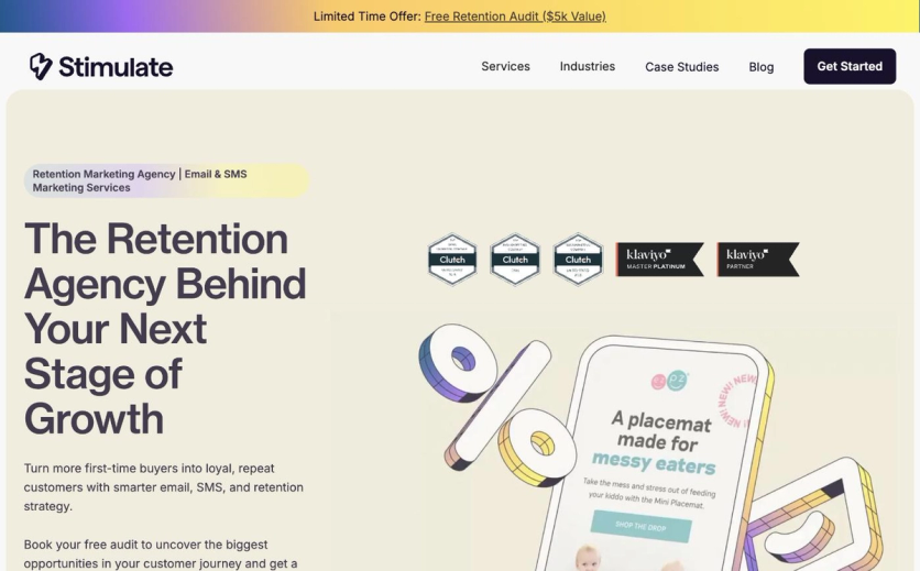 Stimulate homepage hero with the headline The Retention Agency Behind Your Next Stage of Growth, Clutch and Klaviyo badges, and an ezpz email on a phone