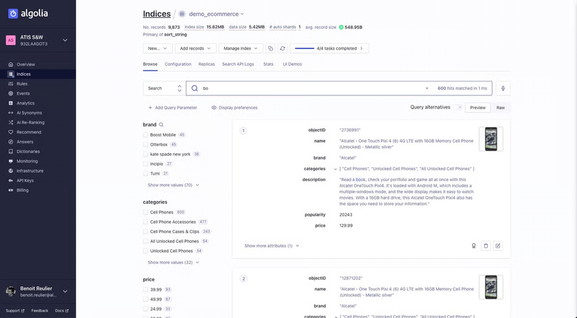 Algolia dashboard browsing a search index with facets, relevance ranking, and matched results