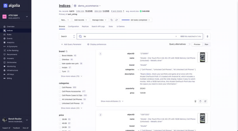 Algolia dashboard browsing a search index with facets, relevance ranking, and matched results