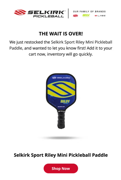 Selkirk Sport’s Back in Stock email