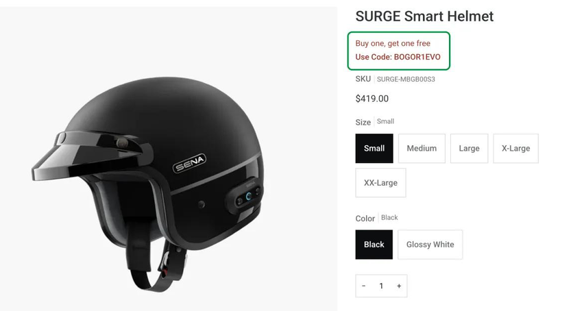Promo code surfaced directly on a Sena product page
