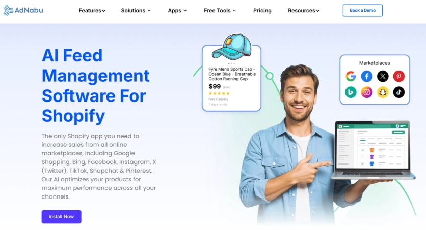 AdNabu AI feed management software for Shopify homepage