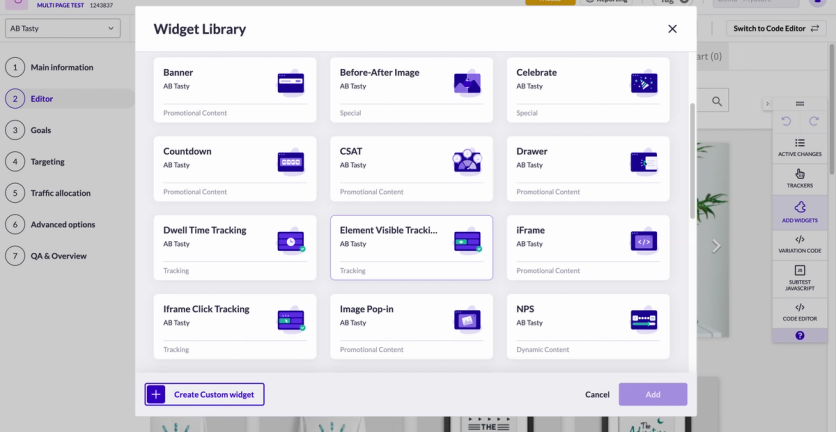 AB Tasty widget library with banners, countdowns, drawers, and pop-ins