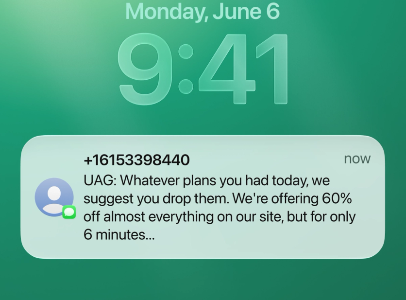 UAG Mega Sale SMS on a phone lock screen announcing 60% off for 6 minutes