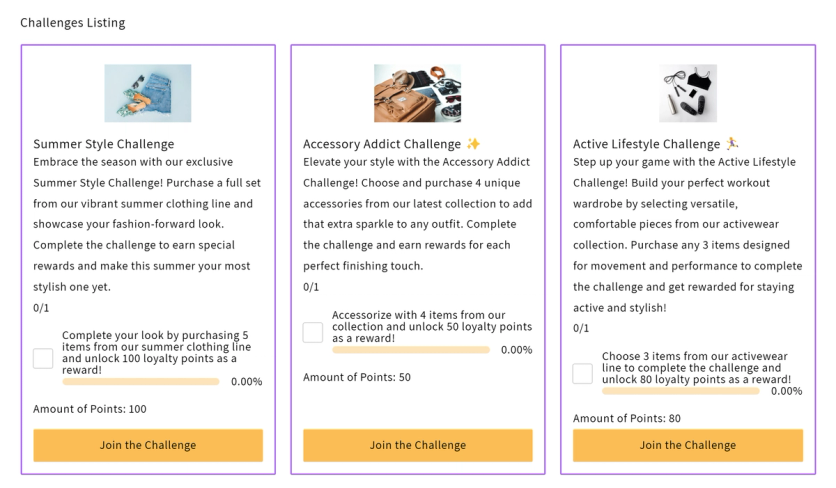 Antavo storefront widget with shopping challenges, progress bars, and point rewards