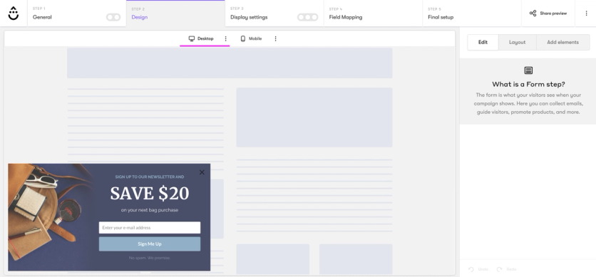 Drip onsite popup editor showing a Save $20 newsletter popup