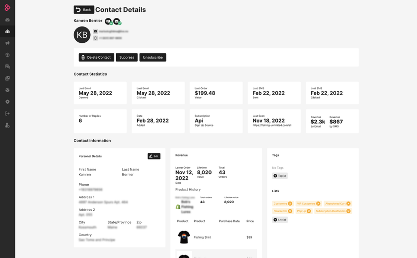 A contact record in Sendlane: email and SMS activity dates, lifetime value, order history, tags, and list membership