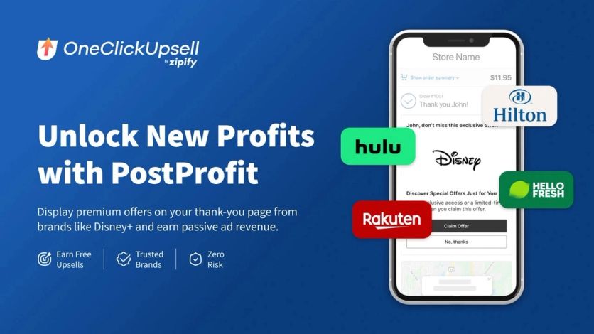 Zipify OneClickUpsell PostProfit banner with a thank-you page showing offers from other brands