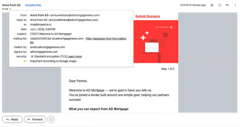 AD Mortgage email in Gmail showing Return Path on the brand’s own domain