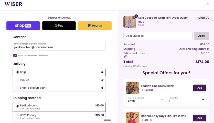 Wiser Special Offers panel adding upsell products inside the Shopify checkout