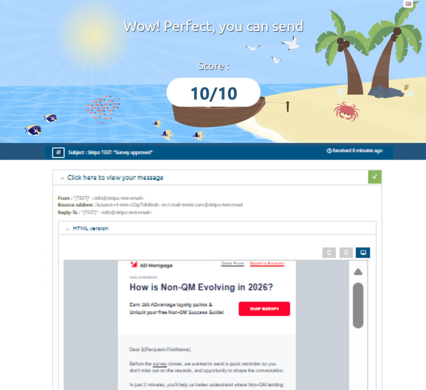 Mail-tester.com result showing perfect 10/10 spam score for AD Mortgage email