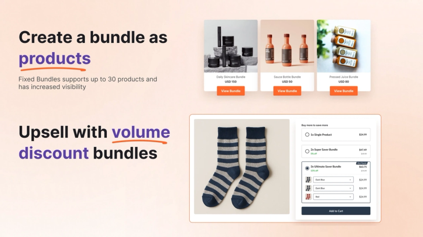 FoxSell fixed bundles created as products and volume discount upsells