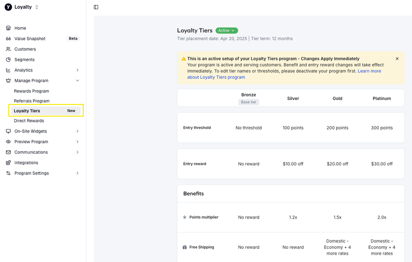 Yotpo Loyalty Tiers with Bronze to Platinum thresholds, rewards, and multipliers